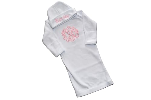 Personalized Newborn Baby Girl Gown and Hat Set