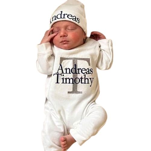 Handmade Personalized Baby Outfit Sleeper with Beanie Monogrammed Oatmeal Romper Footies