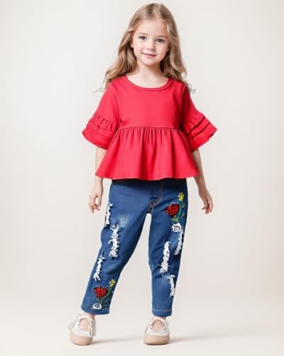 NZRVAWS Toddler Clothing Set for Baby Girls Ruffled Shirts and Cotton Jeans