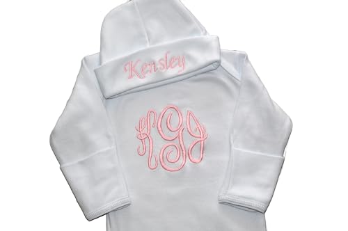 Personalized Newborn Baby Girl Gown and Hat Set