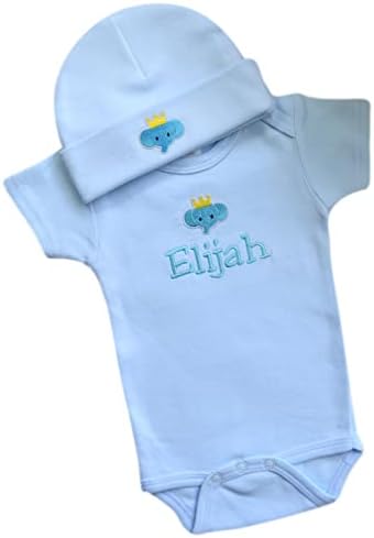 Funny Girl Designs Personalized Elephant Baby Bodysuit Matching Cotton Hat Set