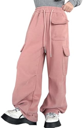 SANGTREE Girls Warm Fleece Drawstring Waist Cargo Swept Pants 4-14 Years