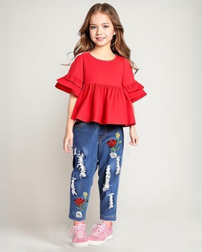 NZRVAWS Toddler Clothing Set for Baby Girls Ruffled Shirts and Cotton Jeans