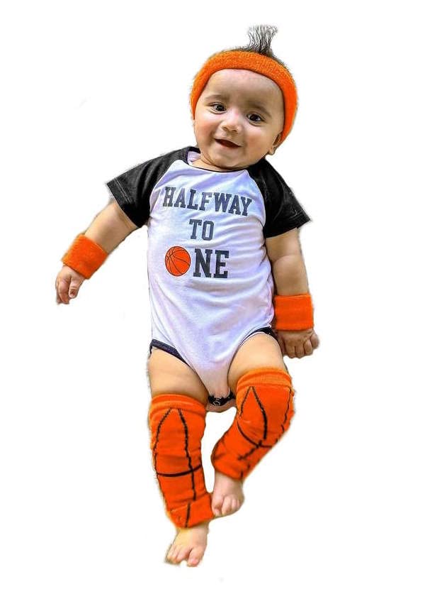 Half Way To First 6-Month Basketball Half-Days Bodysuit Outfit Set
