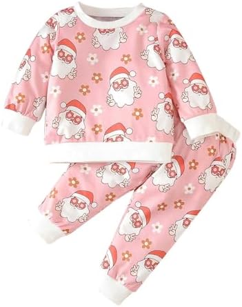 Kids Girls Christmas Suit - Santa Print Long Sleeve Sweater Pants Set