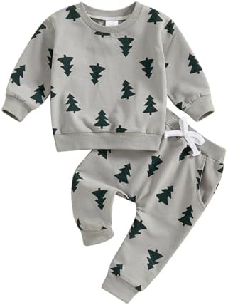 HAPRIZERA Christmas Outfit Toddler Boys Allover Tree Print Long Sleeve Sweater Pants Set