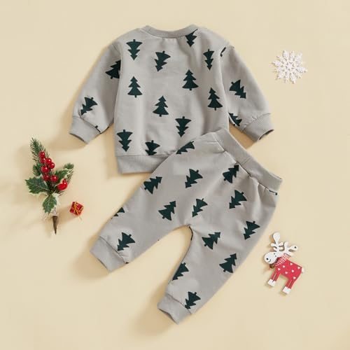 HAPRIZERA Christmas Outfit Toddler Boys Allover Tree Print Long Sleeve Sweater Pants Set