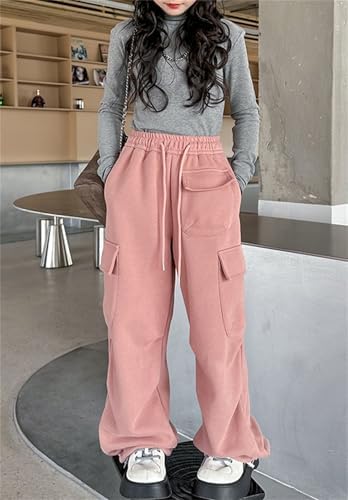 SANGTREE Girls Warm Fleece Drawstring Waist Cargo Swept Pants 4-14 Years