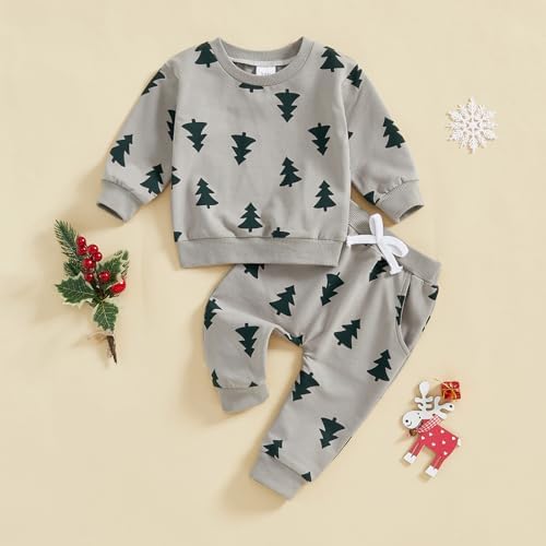 HAPRIZERA Christmas Outfit Toddler Boys Allover Tree Print Long Sleeve Sweater Pants Set