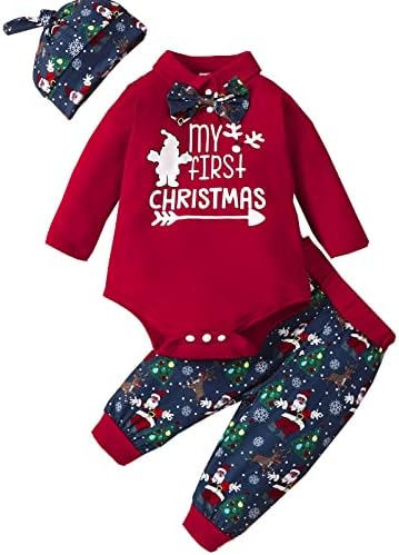 Qfajcp Christmas Baby Outfit Set - Boys Girls - Romper Pants Hat Bow Knot Outfit