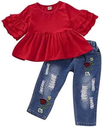 NZRVAWS Toddler Clothing Set for Baby Girls Ruffled Shirts and Cotton Jeans