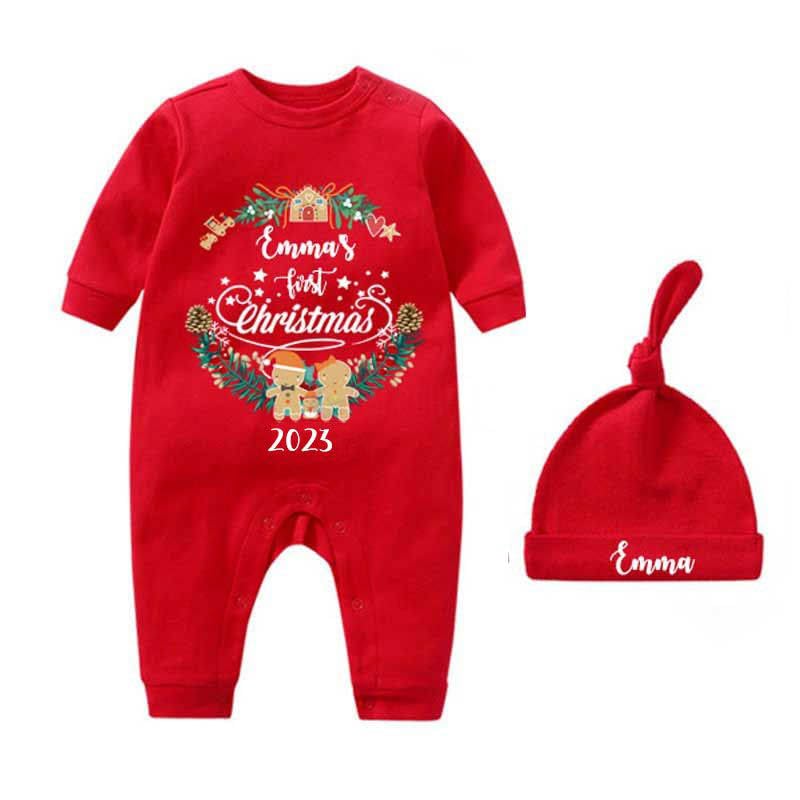 Personalized Babys First Christmas Outfit - Custom Bodysuit Hat Set