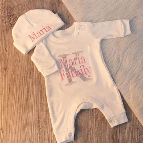 Handmade Personalized Baby Outfit Sleeper with Beanie Monogrammed Oatmeal Romper Footies