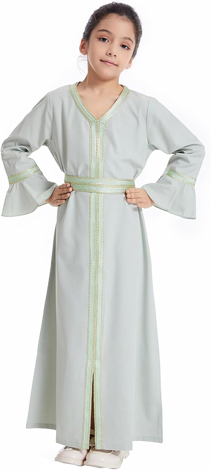 Kids Girls Long Sleeve Abaya Dress for Muslim Birthday