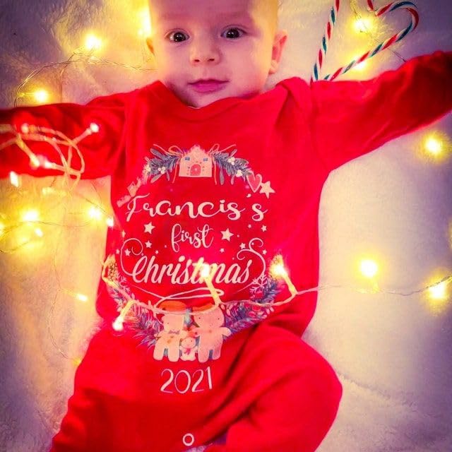 Personalized Babys First Christmas Outfit - Custom Bodysuit Hat Set