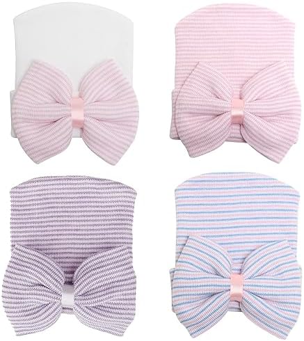 DRESHOW BQUBO 4-Pack Newborn Baby Beanie with Big Bow