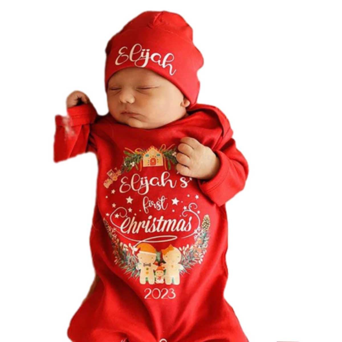 Personalized Babys First Christmas Outfit - Custom Bodysuit Hat Set