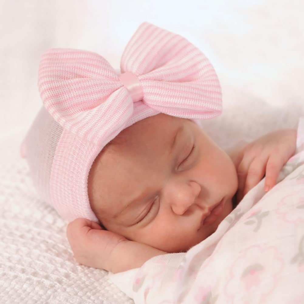 DRESHOW BQUBO 4-Pack Newborn Baby Beanie with Big Bow