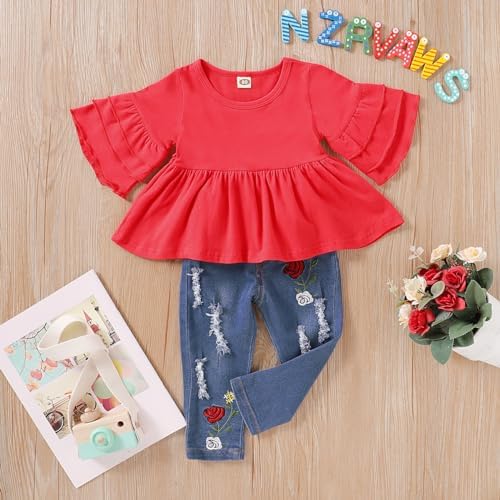 NZRVAWS Toddler Clothing Set for Baby Girls Ruffled Shirts and Cotton Jeans