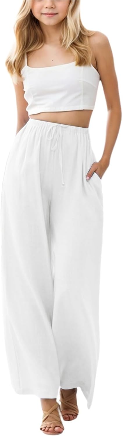 Teen Girl Casual Cotton Linen Pants Elastic Waist