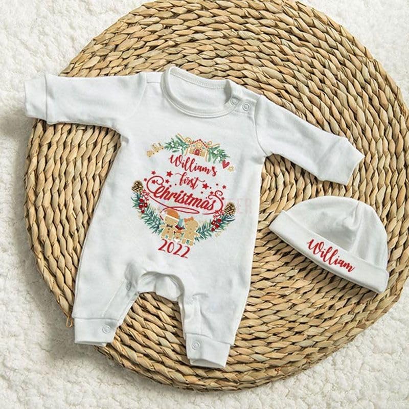 Personalized Babys First Christmas Outfit - Custom Bodysuit Hat Set
