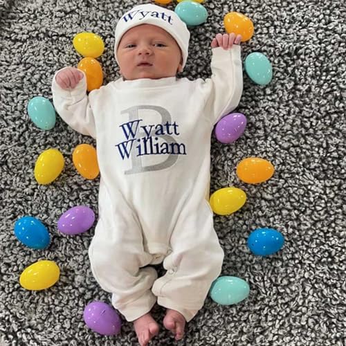 Handmade Personalized Baby Outfit Sleeper with Beanie Monogrammed Oatmeal Romper Footies