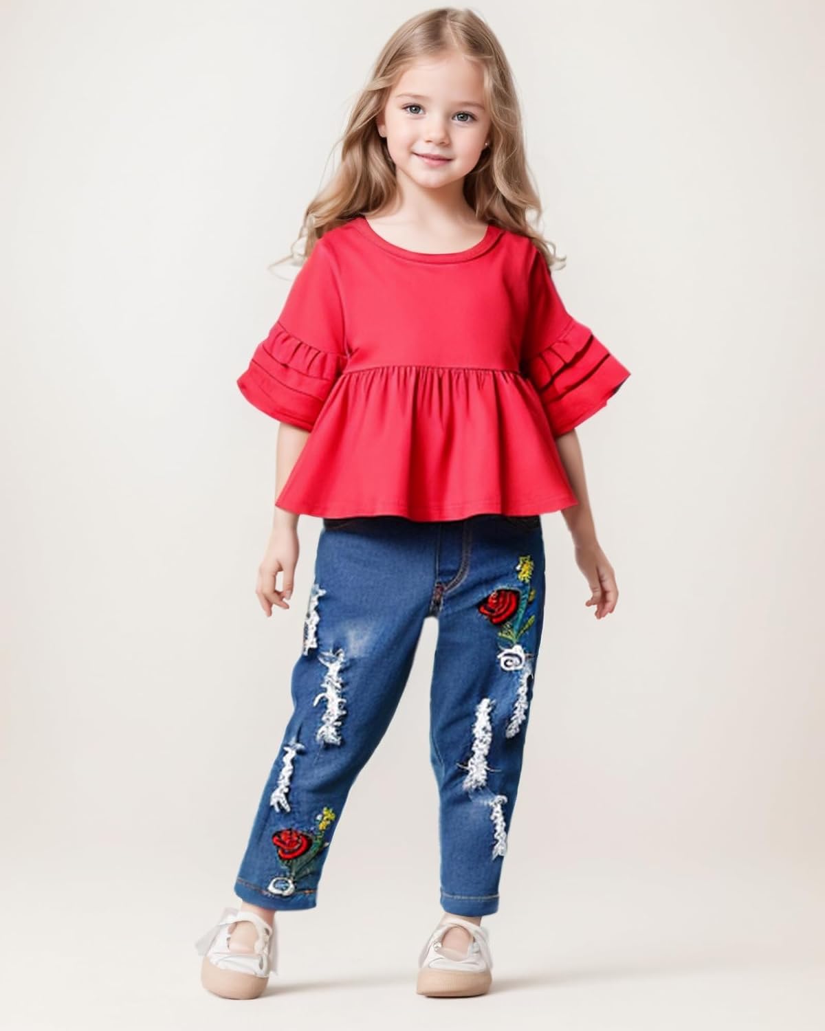 NZRVAWS Toddler Clothing Set for Baby Girls Ruffled Shirts and Cotton Jeans