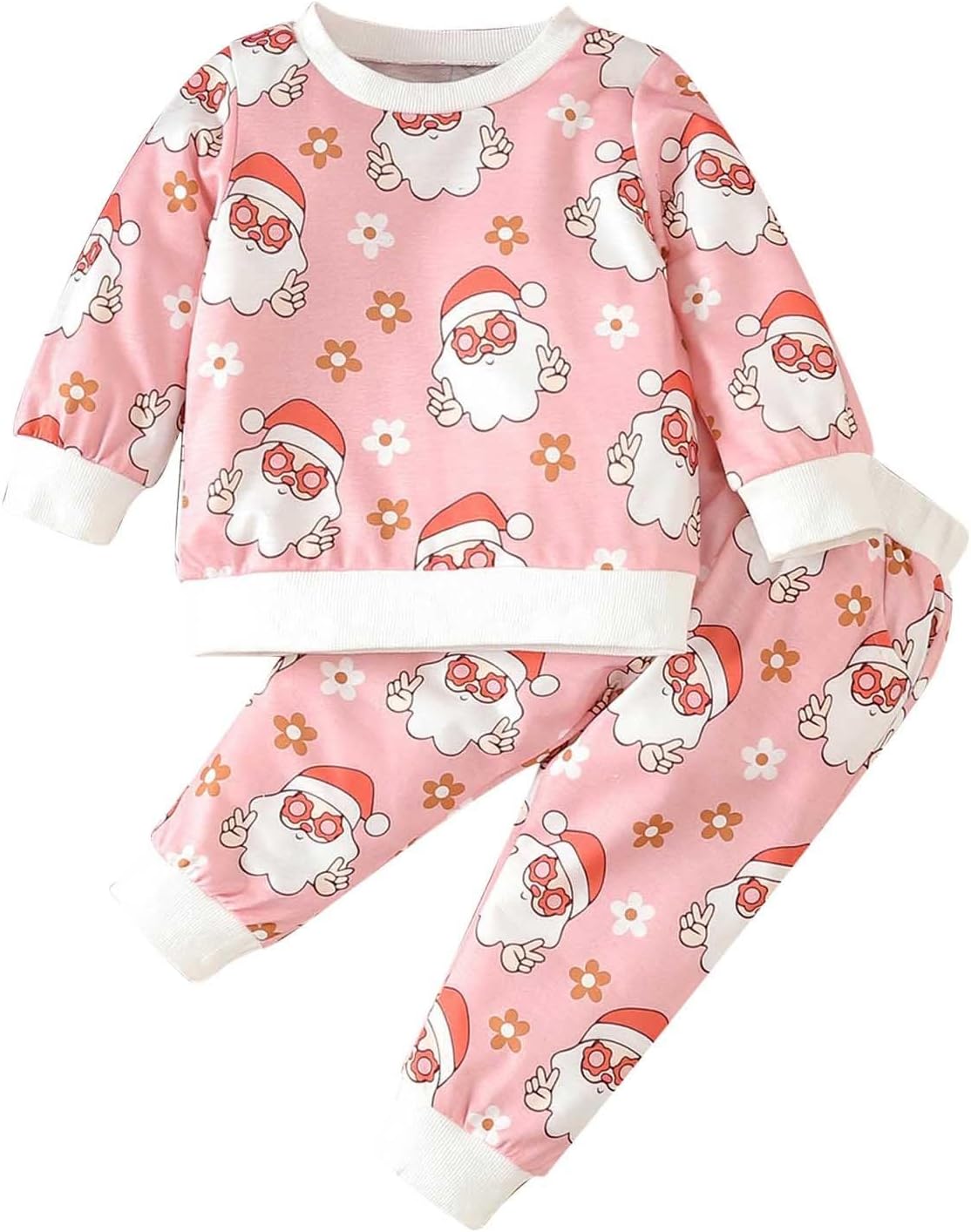 Kids Girls Christmas Suit - Santa Print Long Sleeve Sweater Pants Set
