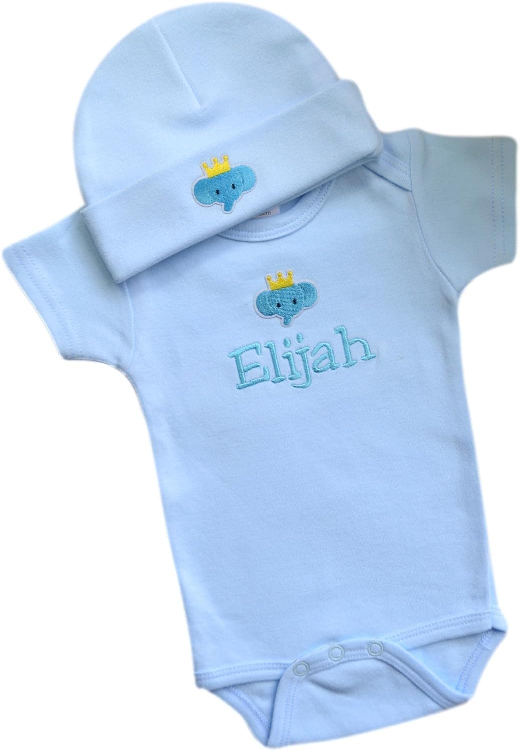 Funny Girl Designs Personalized Elephant Baby Bodysuit Matching Cotton Hat Set