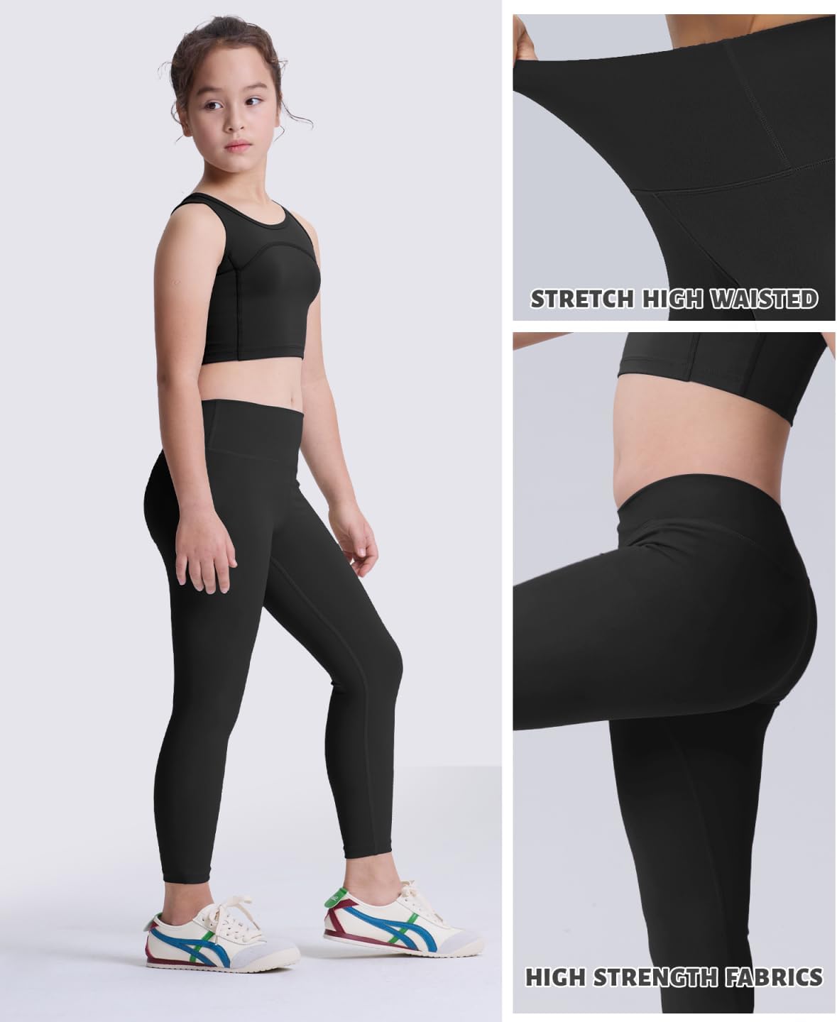 CLIMB DEER 3-Piece Girls Athletic Ankle-Length Black White Yoga Leggings
