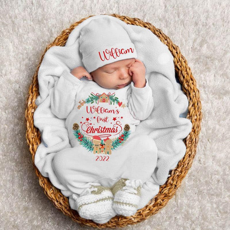 Personalized Babys First Christmas Outfit - Custom Bodysuit Hat Set