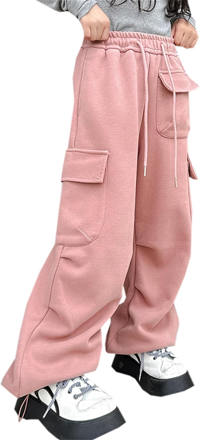 SANGTREE Girls Warm Fleece Drawstring Waist Cargo Swept Pants 4-14 Years