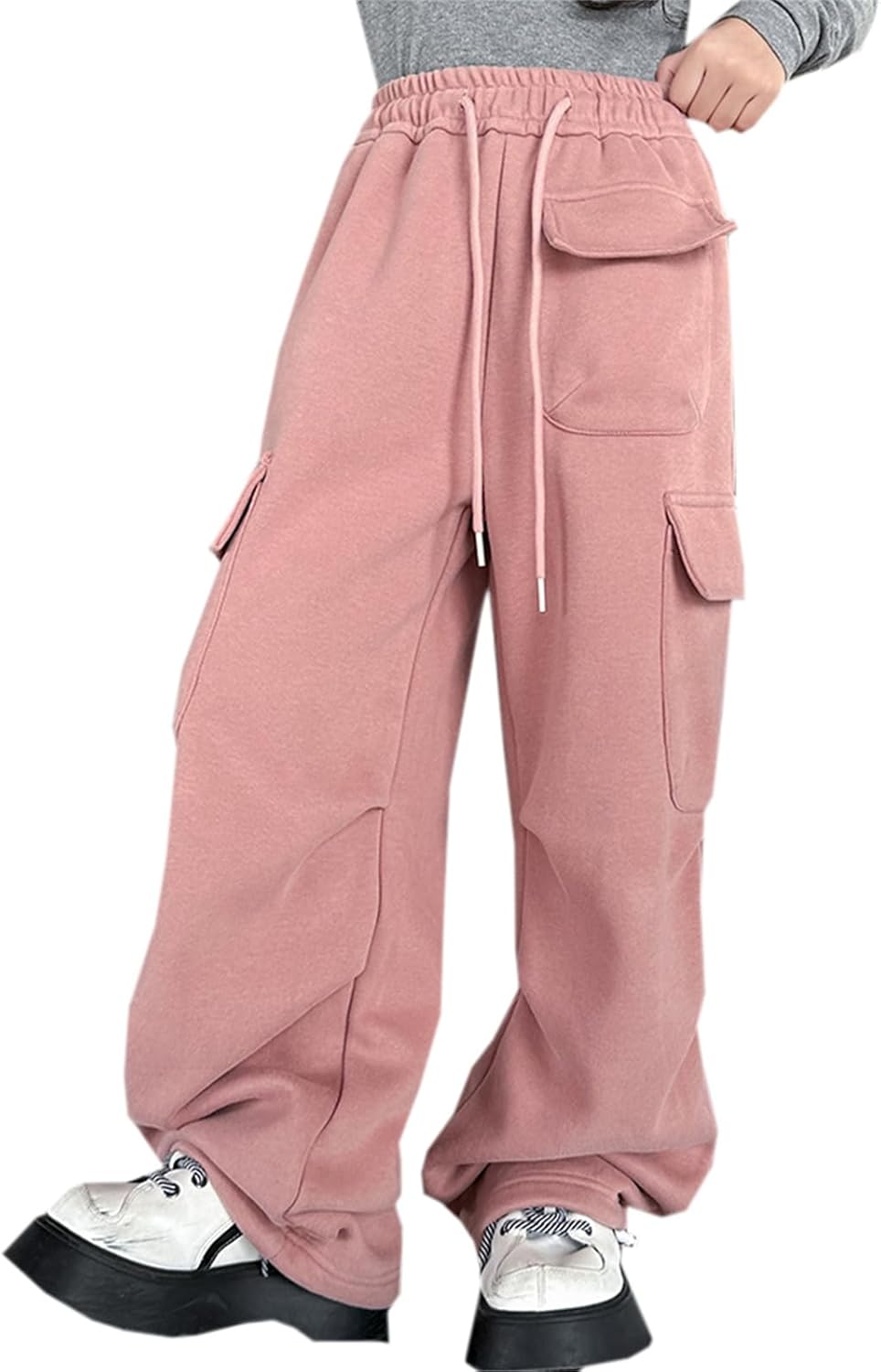 SANGTREE Girls Warm Fleece Drawstring Waist Cargo Swept Pants 4-14 Years