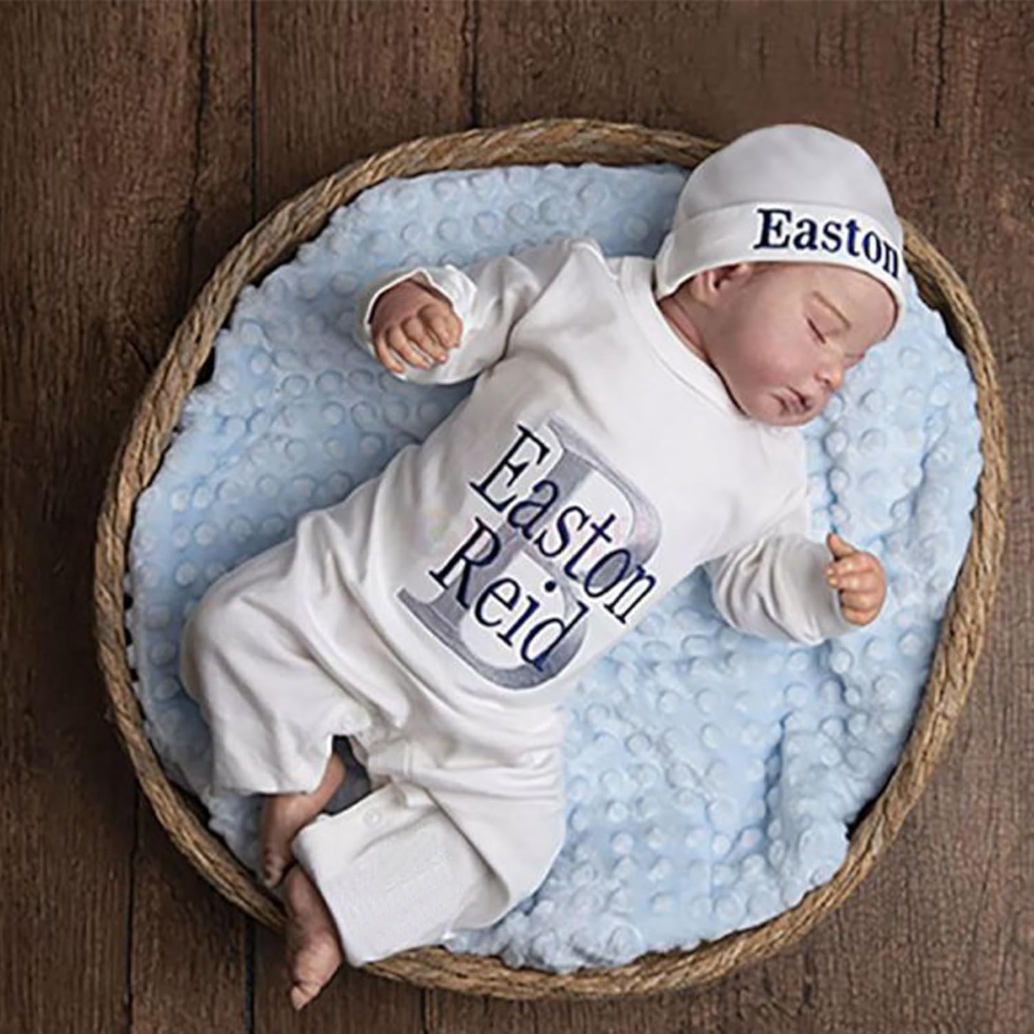 Handmade Personalized Baby Outfit Sleeper with Beanie Monogrammed Oatmeal Romper Footies