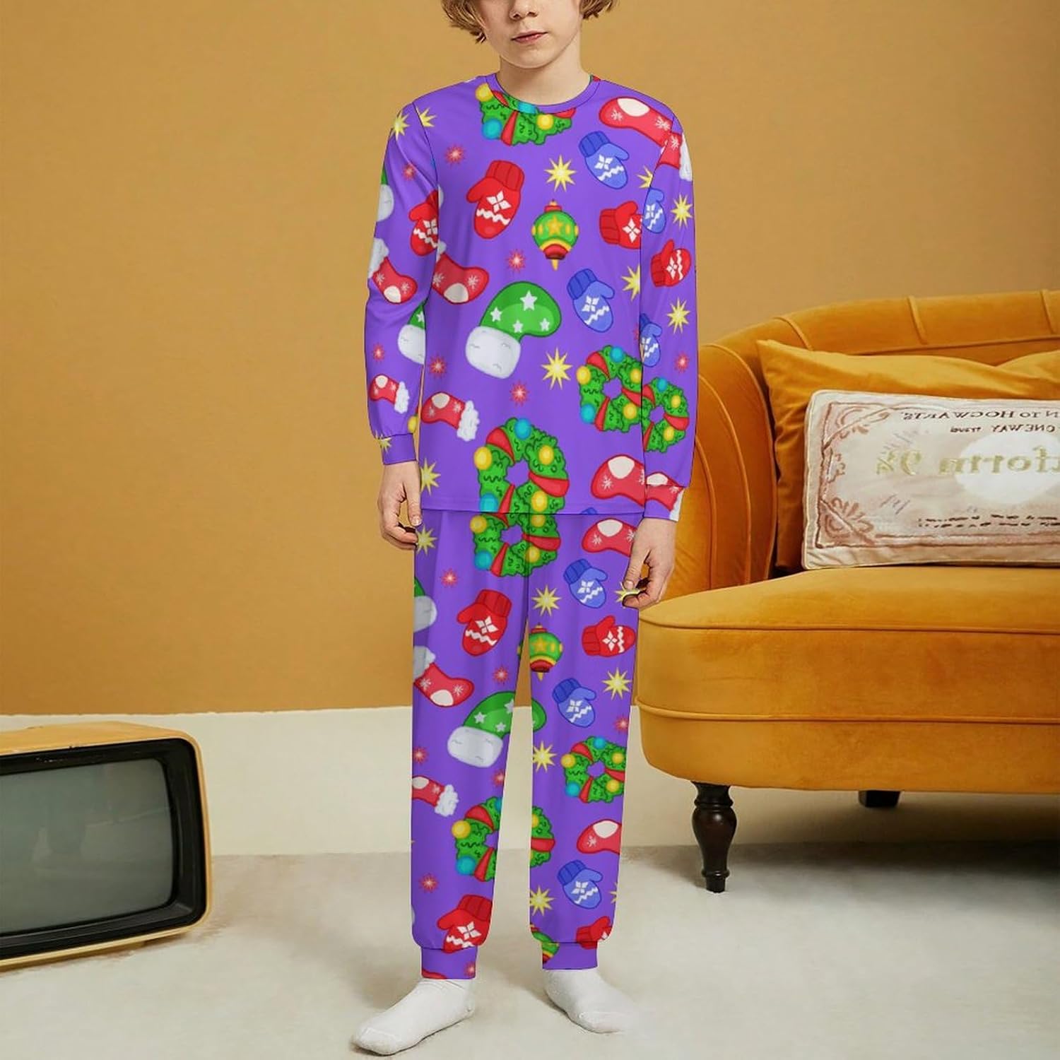 MEIKKO Thermal Underwear - Purple Christmas Snowman Script Alphabet Underwear for Kids