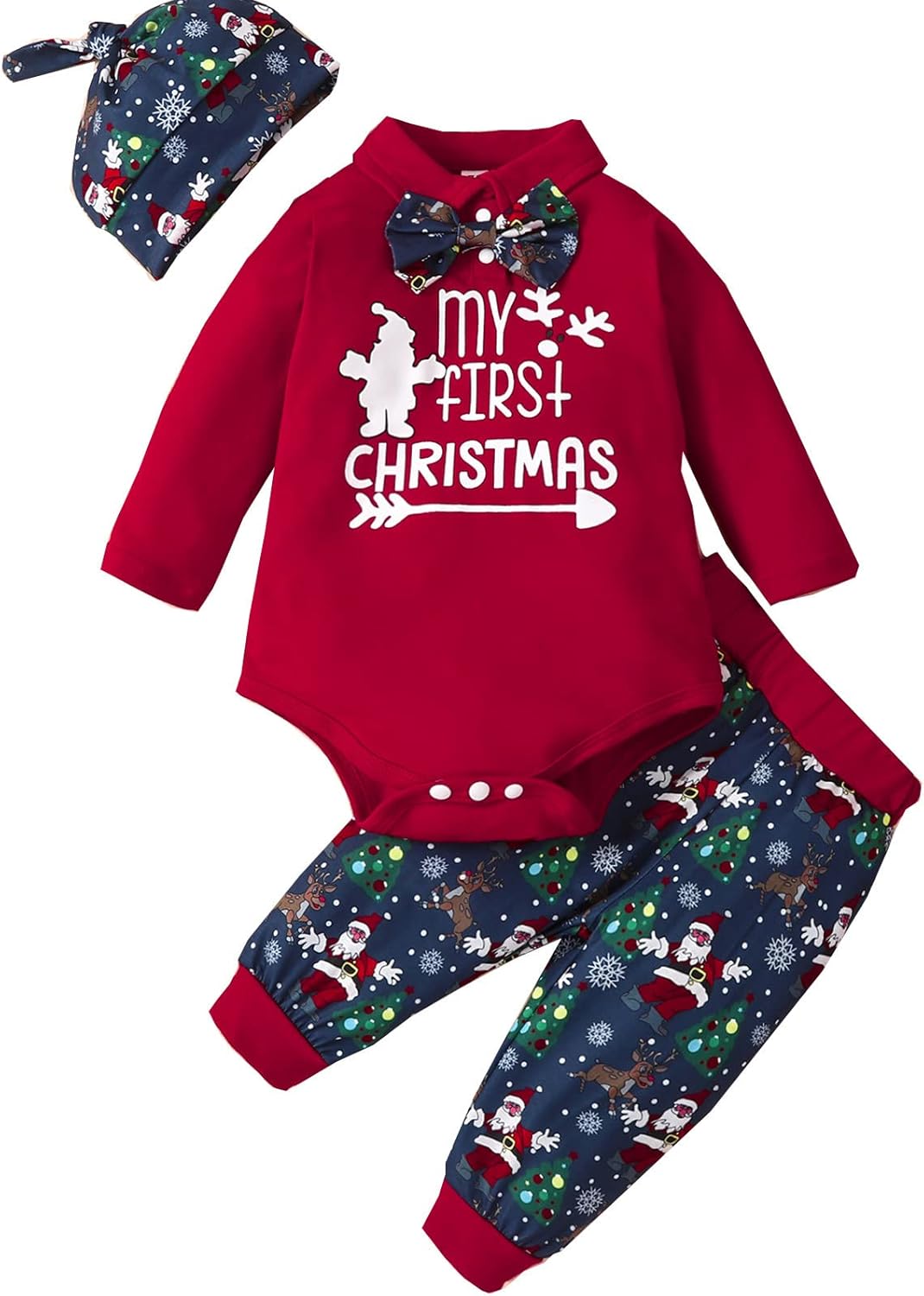 Qfajcp Christmas Baby Outfit Set - Boys Girls - Romper Pants Hat Bow Knot Outfit