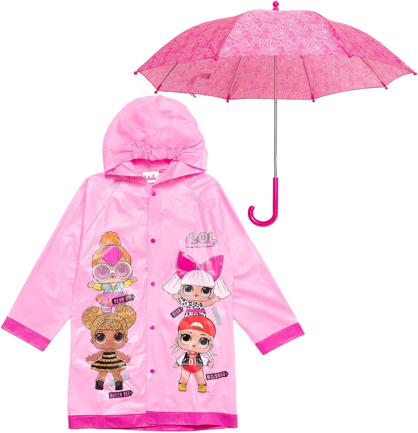 LOL Surprise Diva Neon QT MC Swag Girls Waterproof Rain Jacket and Umbrella