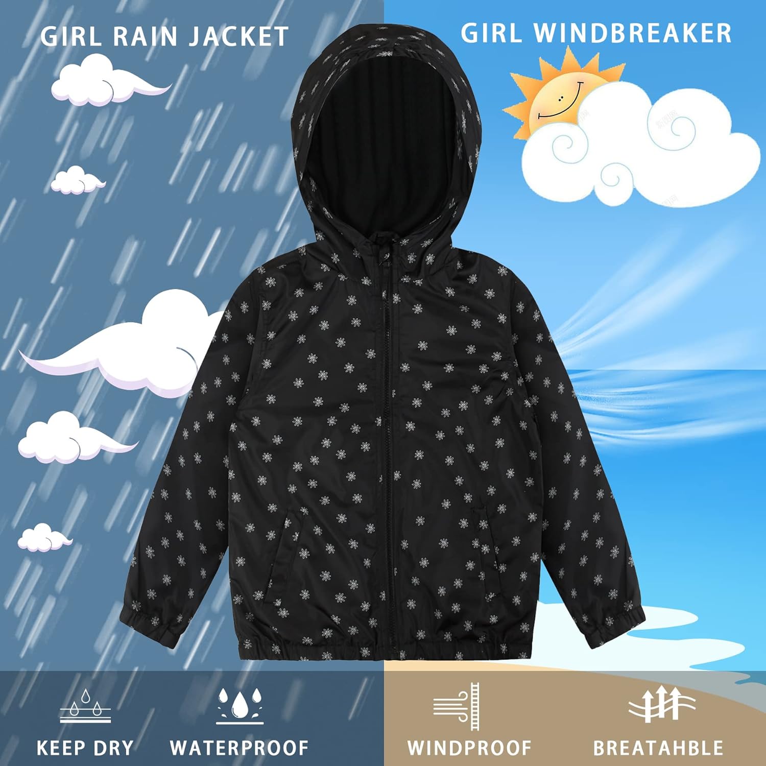 SUNDAY ROSE Boys Girls Rain Jackets Lightweight Waterproof Windbreakers for Kids