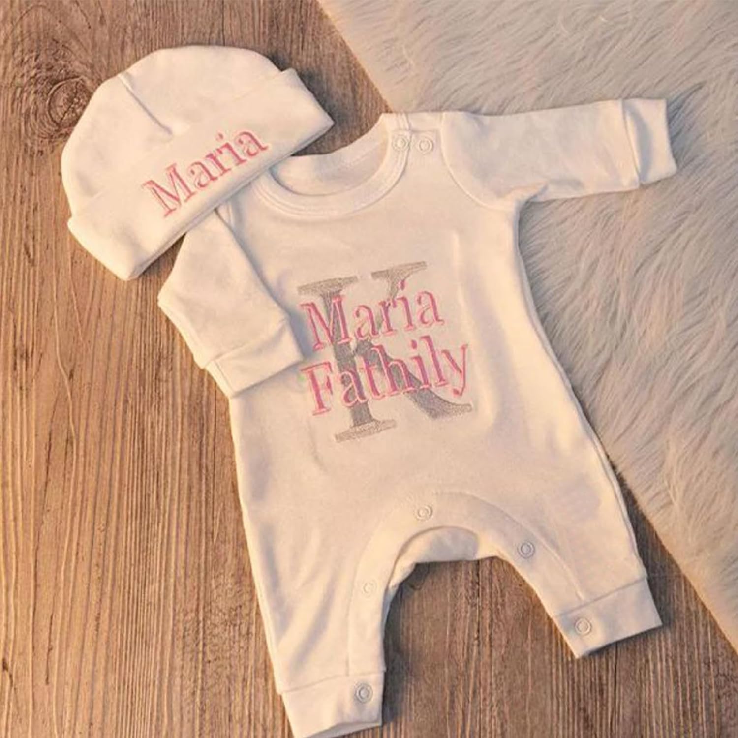 Handmade Personalized Baby Outfit Sleeper with Beanie Monogrammed Oatmeal Romper Footies