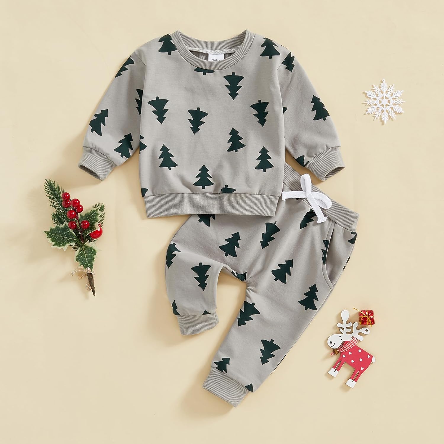 HAPRIZERA Christmas Outfit Toddler Boys Allover Tree Print Long Sleeve Sweater Pants Set