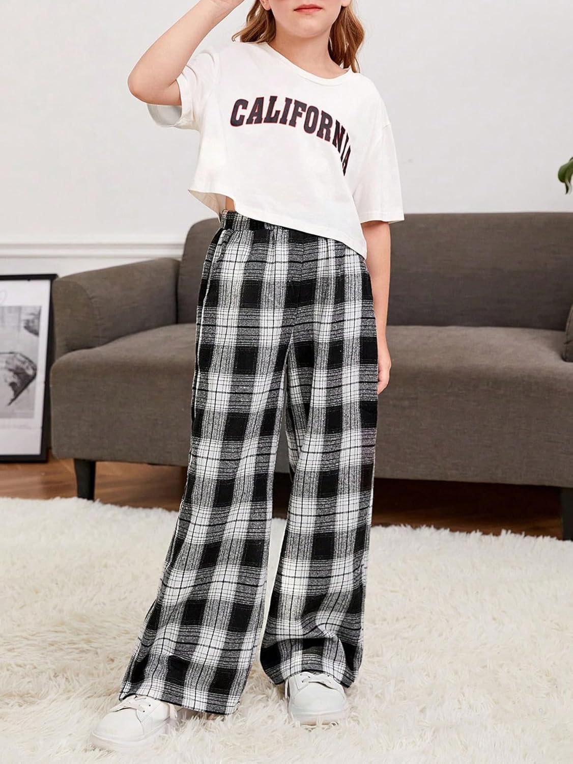 Girls Plaid Wide Leg Trendy Sweatpants