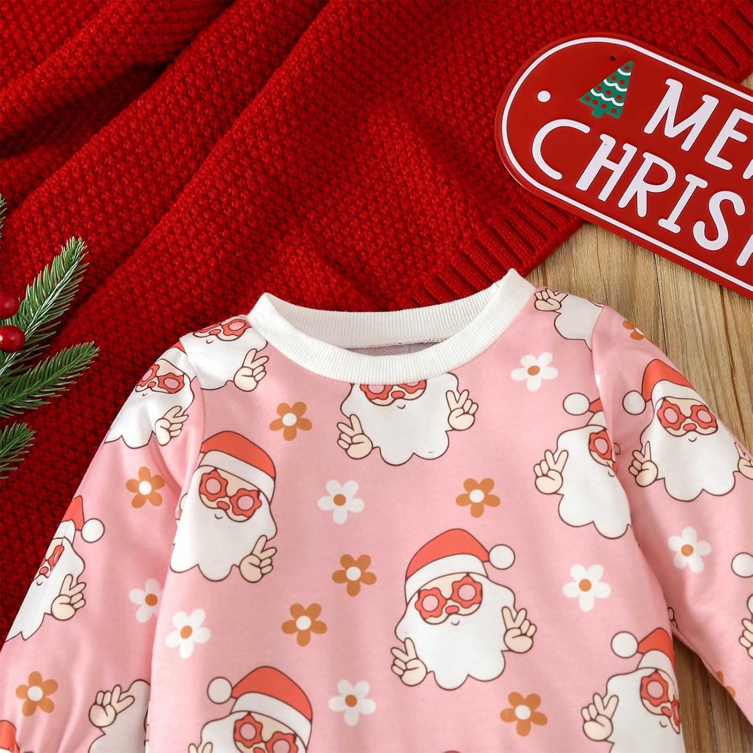 Kids Girls Christmas Suit - Santa Print Long Sleeve Sweater Pants Set