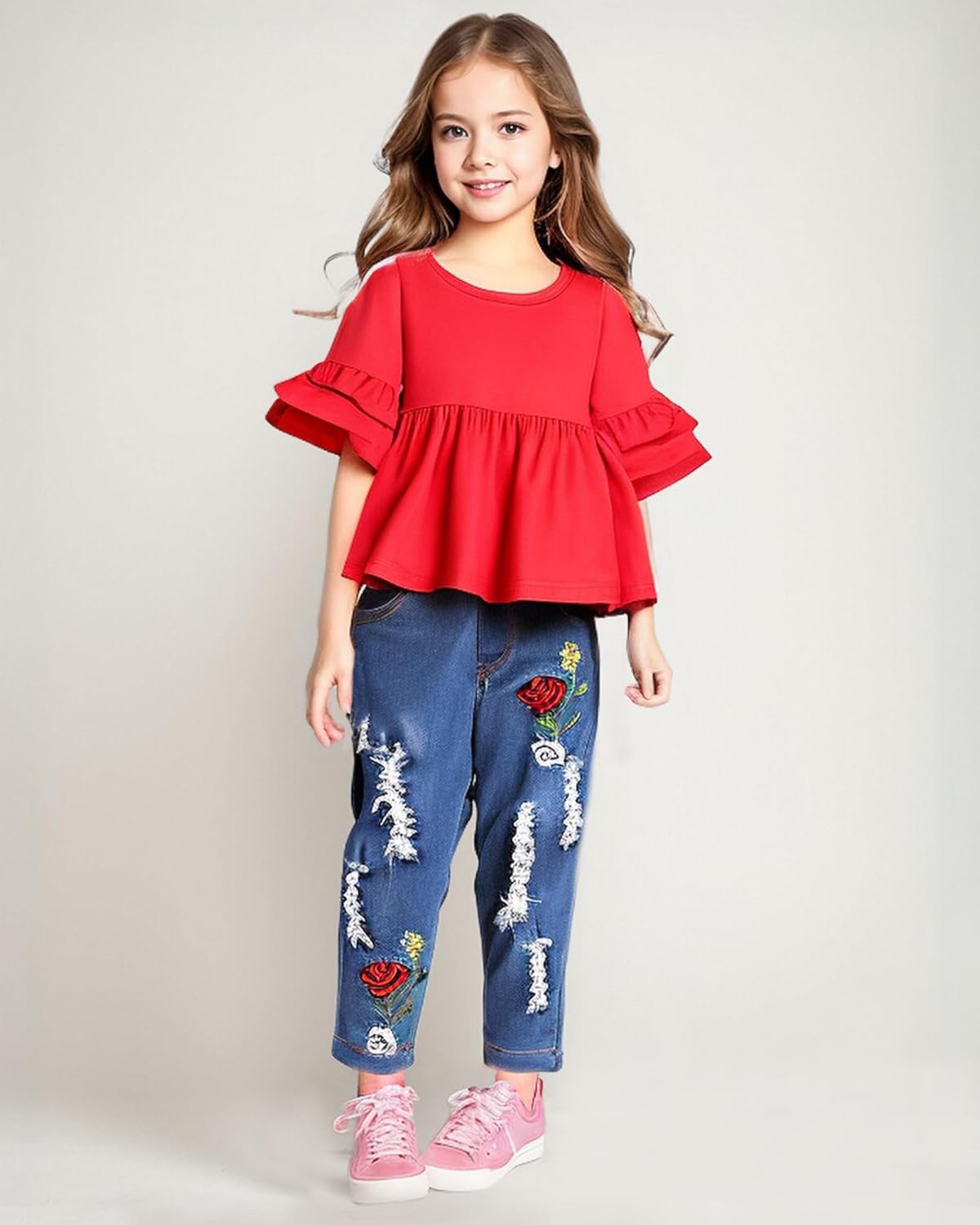 NZRVAWS Toddler Clothing Set for Baby Girls Ruffled Shirts and Cotton Jeans