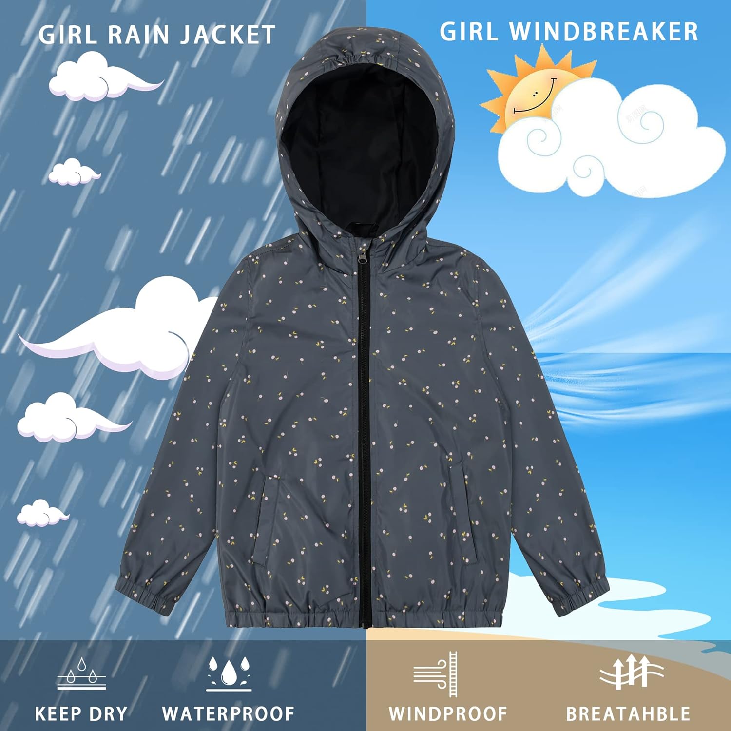 SUNDAY ROSE Boys Girls Rain Jacket