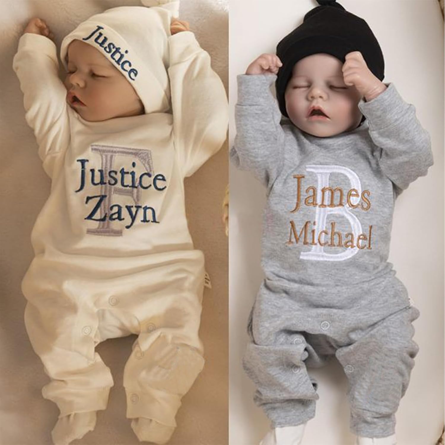 Handmade Personalized Baby Outfit Sleeper with Beanie Monogrammed Oatmeal Romper Footies