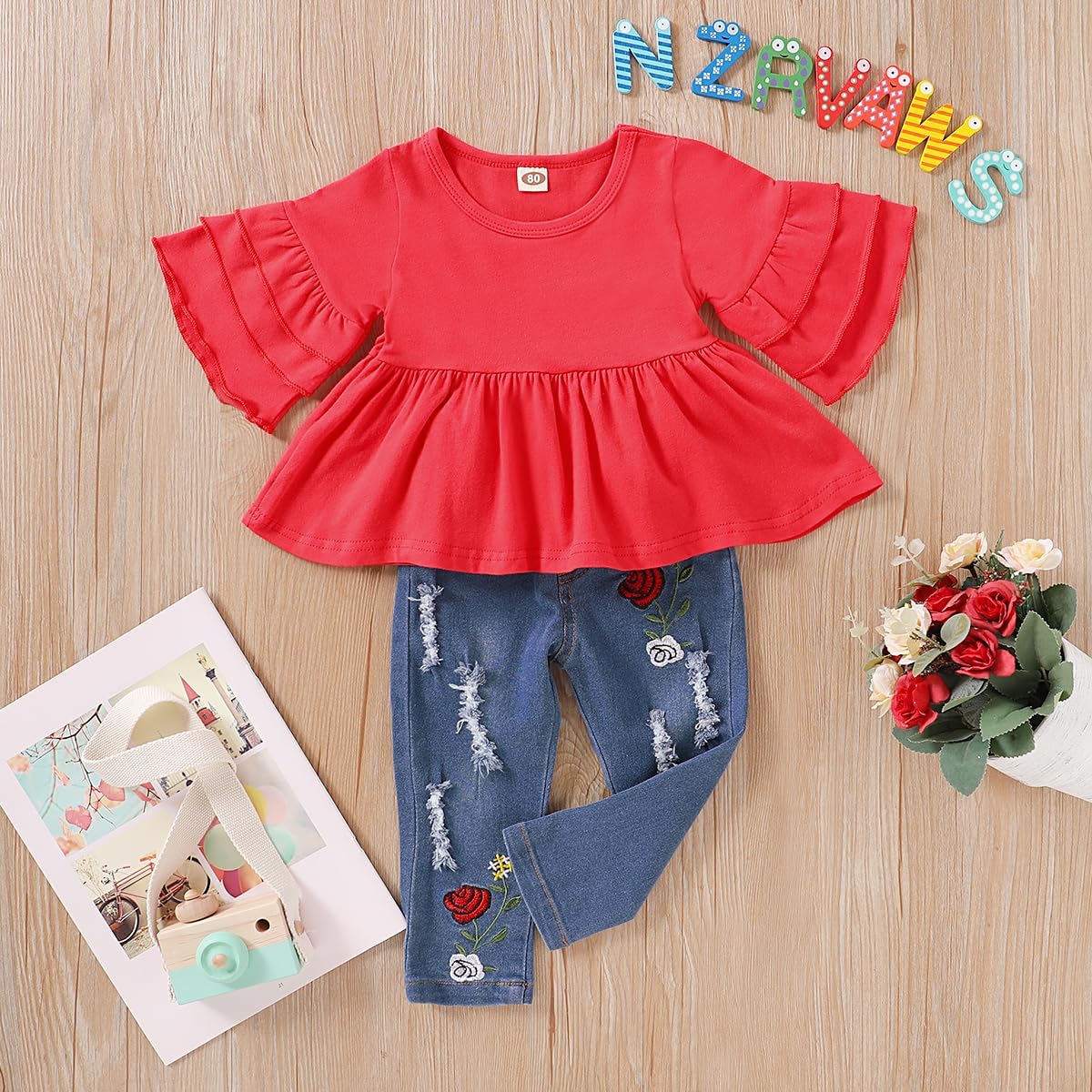NZRVAWS Toddler Clothing Set for Baby Girls Ruffled Shirts and Cotton Jeans