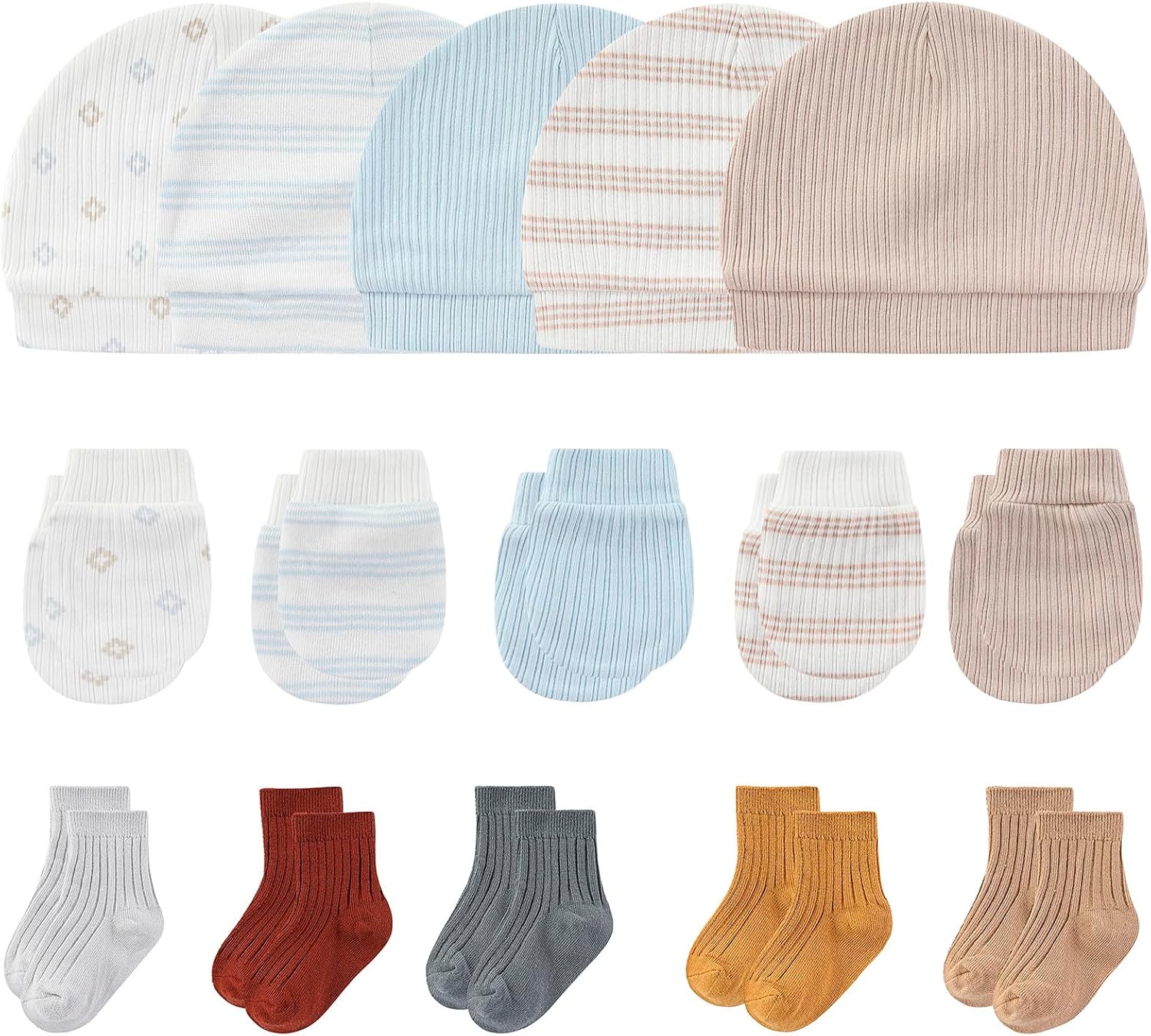 Mamika Cotton Baby Essentials - Caps Mittens Socks Set for Newborns