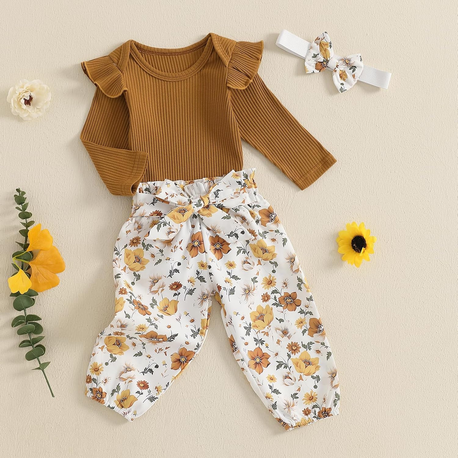 Brvxia Baby Girl Ruffled Romper with Daisy Print - Soft Adjustable Fall Winter Spring