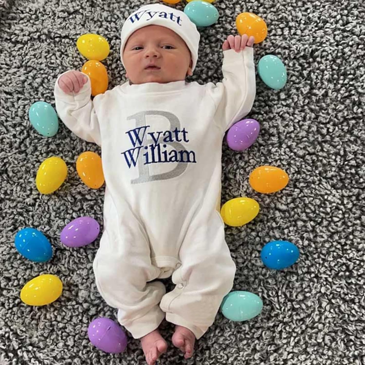 Handmade Personalized Baby Outfit Sleeper with Beanie Monogrammed Oatmeal Romper Footies