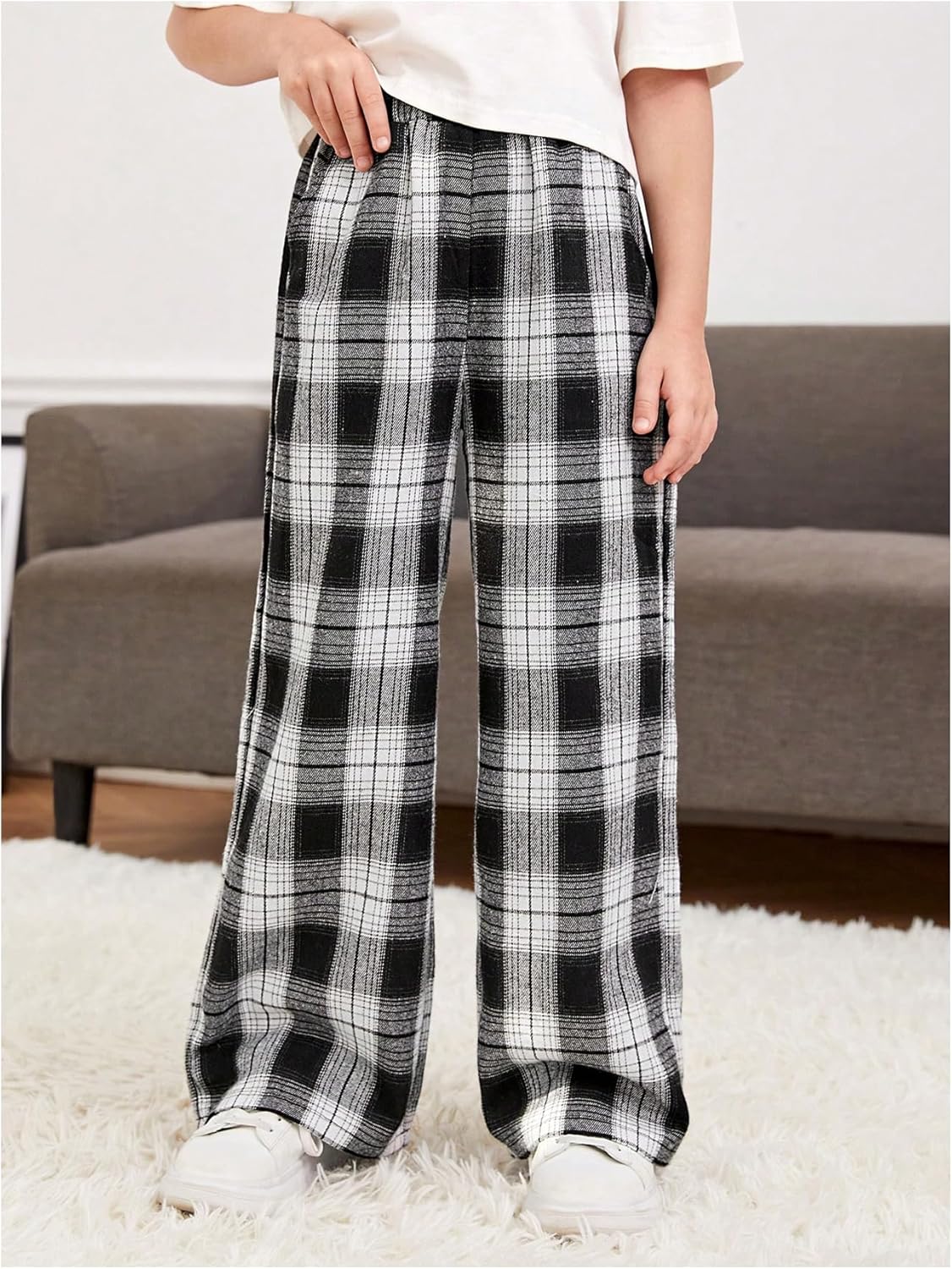 Girls Plaid Wide Leg Trendy Sweatpants